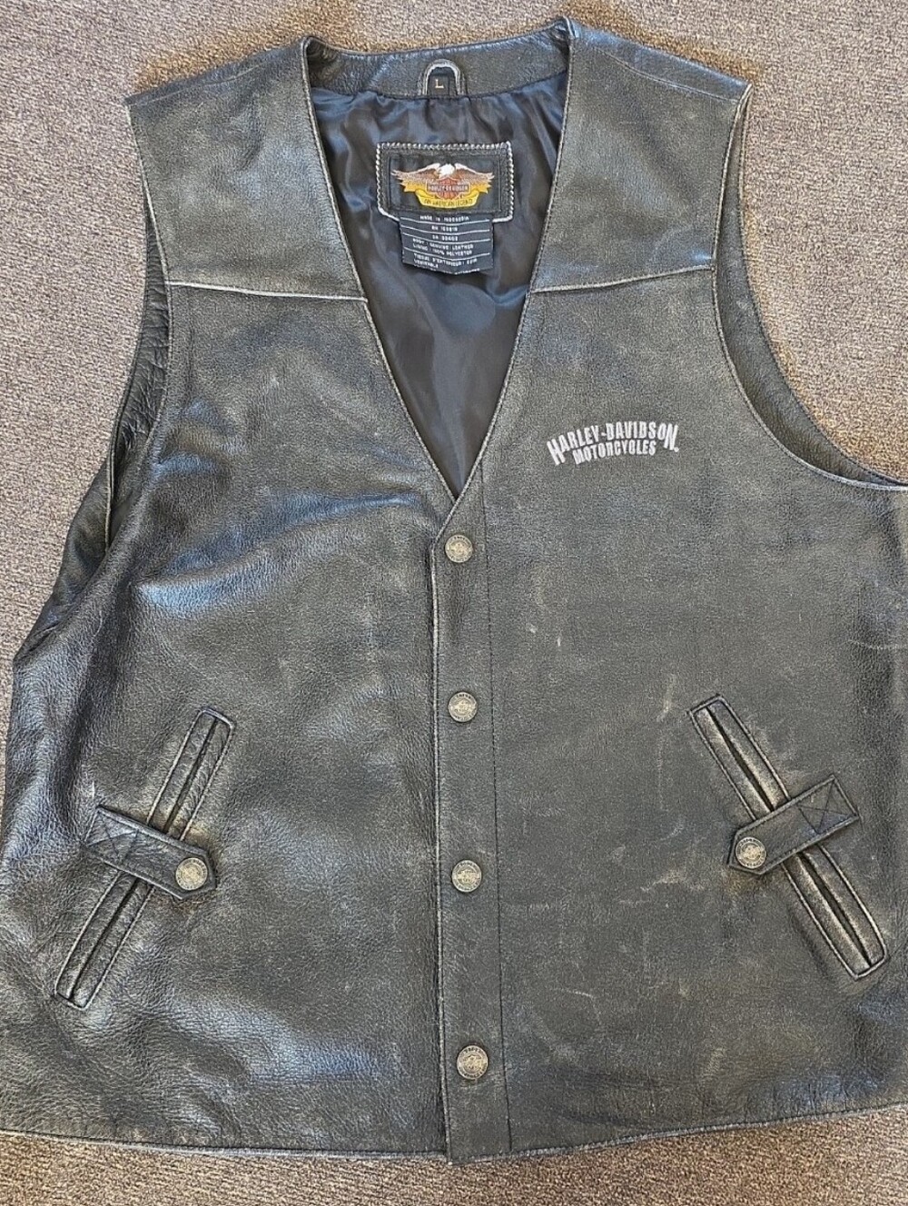 Vintage Harley-Davidson Black Leather Snap-Front Vest